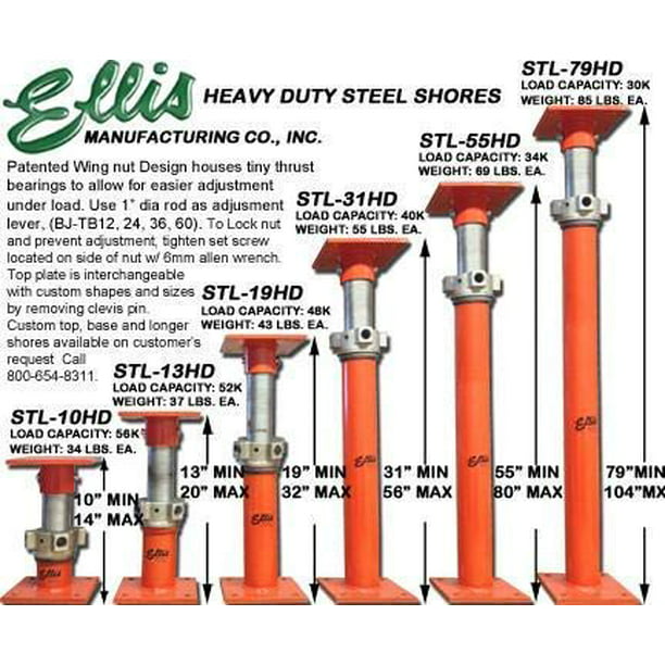 Range of Adjustment 55 to 80 Safe Load Capacity 34,000 lbs Ellis Manufacturing Company Heavy Duty Steel Lifting Shore 